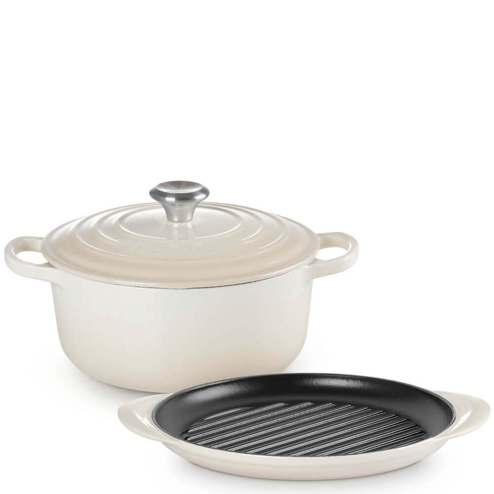 Le Creuset Cast Iron 2 Piece Set Signature Round Casserole 22cm & Round Grill 25cm